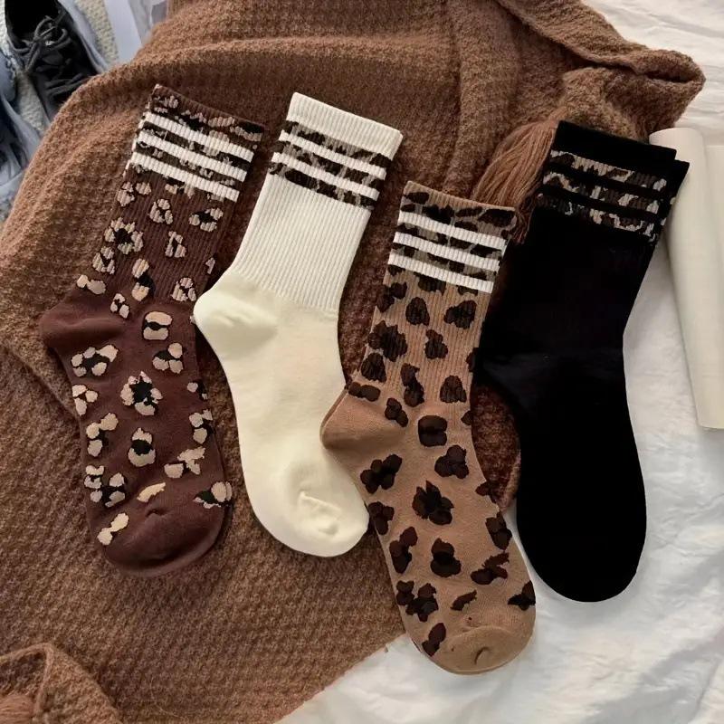 Women's Mid-Calf Socks - Polka Dot & Leopard Print, Trendy Korean Style, Knee-High, Versatile, Non-Slip, Spring/Autumn Fashion.