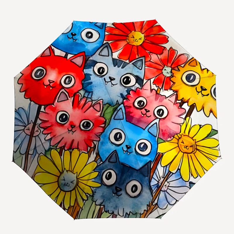 1 шт. Зонт-автомат с рисунком «Кошки и цветы», компактный складной зонт, всесезонный портативный зонт для женщин/мужчин F1124369