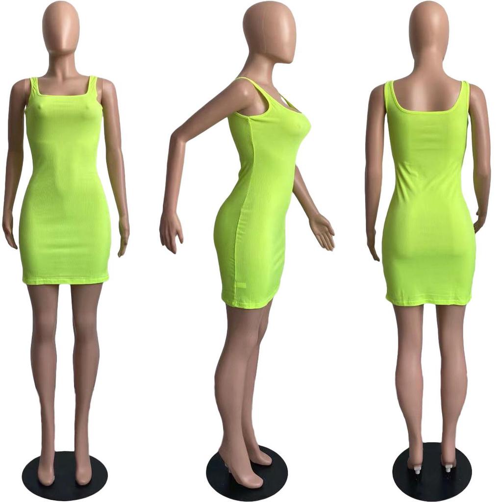 European & American Style Women's Solid Color U-Neck Dungaree Suspender Dress
