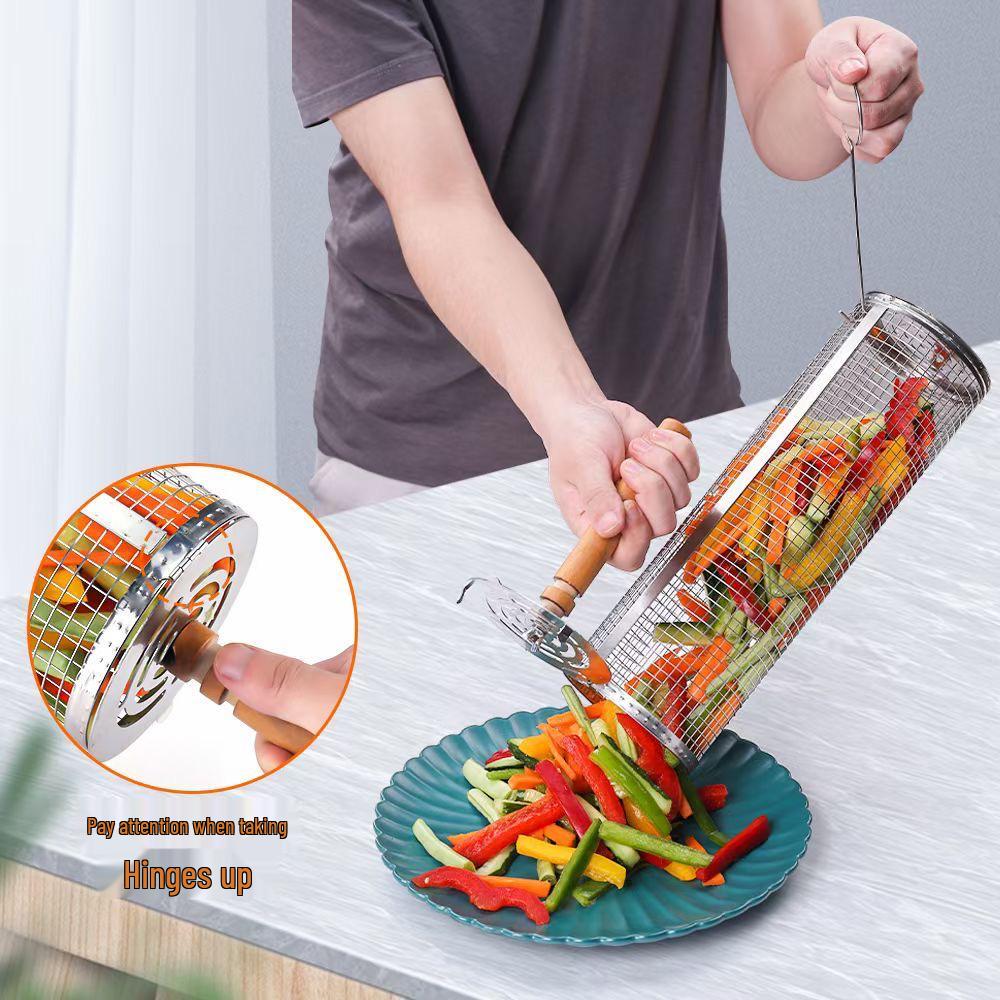 Rotating BBQ Grill Basket: 304 Stainless Steel with Wooden Handle