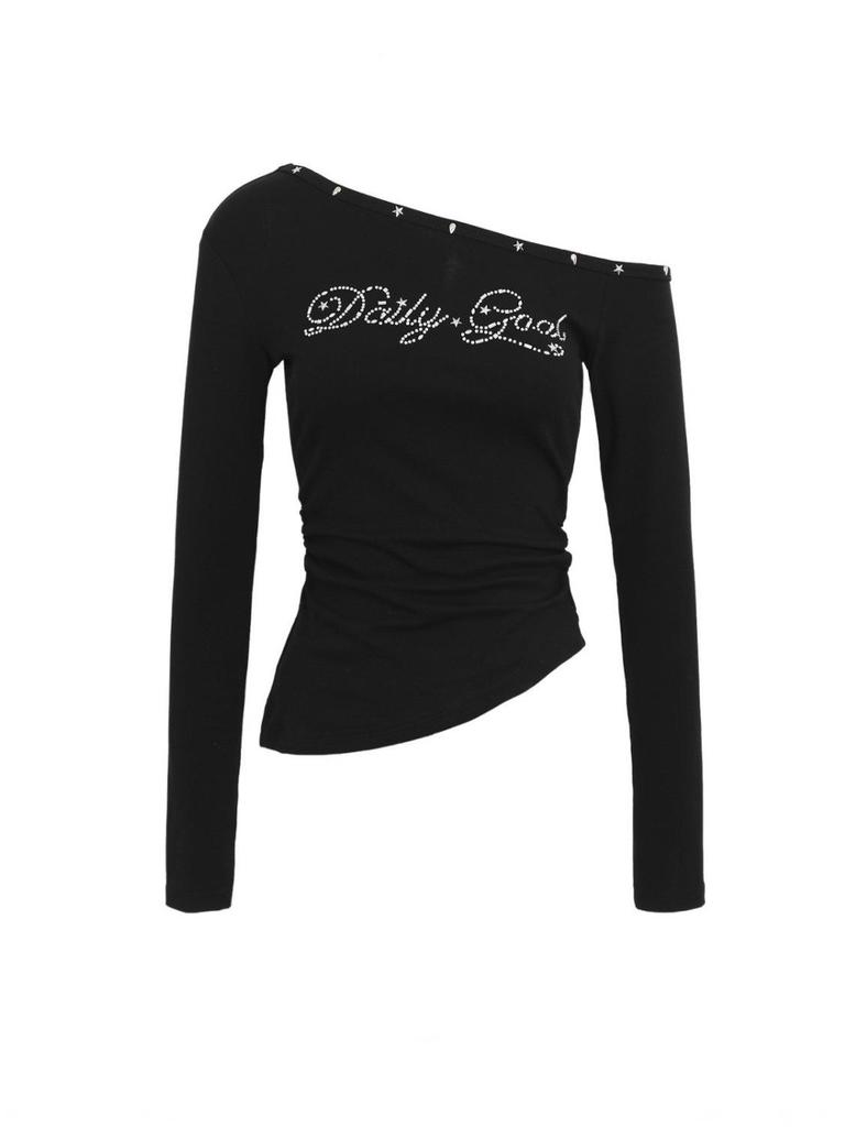 Chic Off-the-Shoulder Slim-Fit Black Long-Sleeve T-shirt for Women - Perfect for Early Autumn