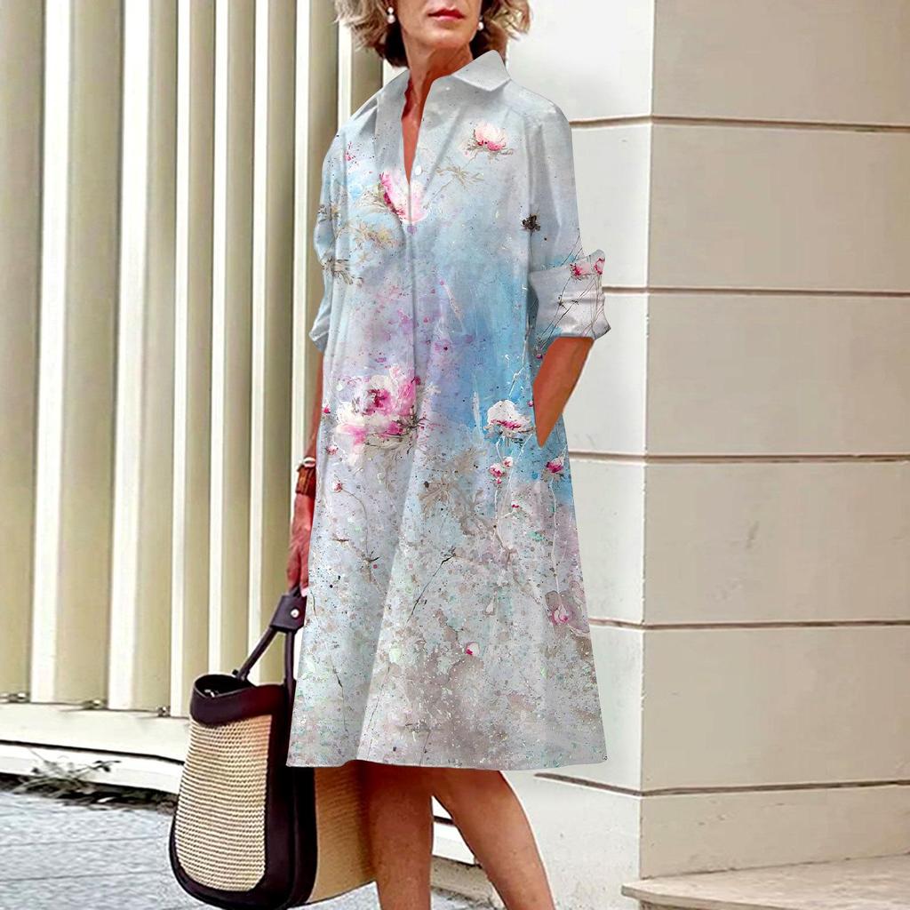 2023 Retro Kwiecista Jednorzędowa Sukienka Koszulowa dla Miejskich Kobiet