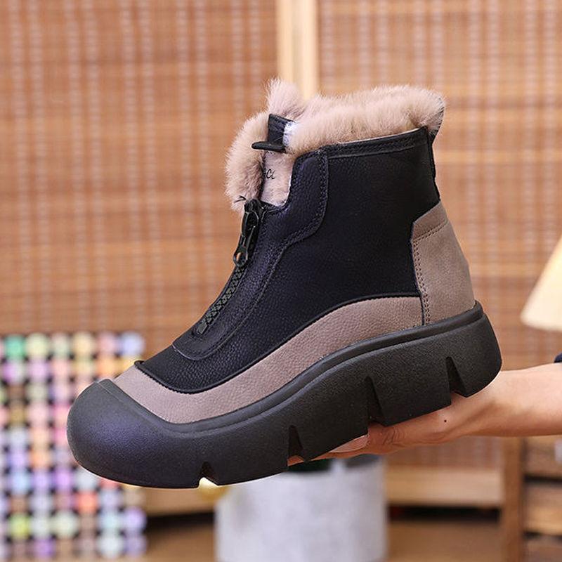 Dicksölig mit Frontreißverschluss, raue Kante, Schneestiefel für Damen, neue Wintermode 2024, bequeme, lässige, warme Baumwollstiefel