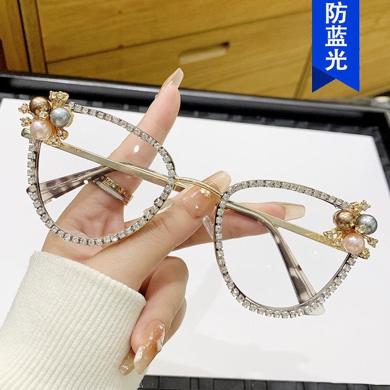 Triangular Cat'S Eye Diamond-Encrusted Flat Mirror Anti-Blue Luxury Glasses Frame Pearl Retro Personalized Glasses Frame