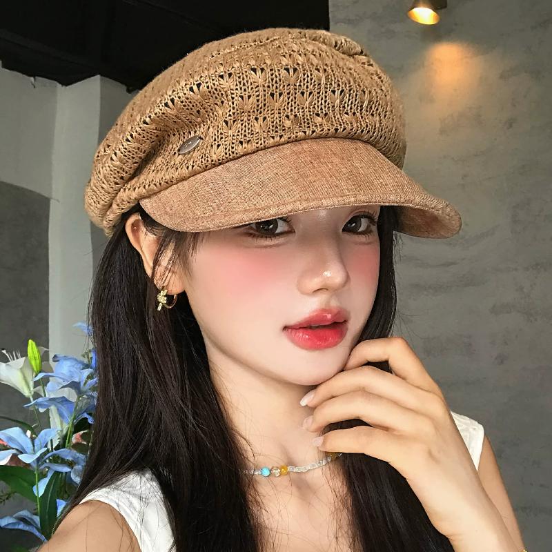 Korean Fashion Stitching Hollow Berets Spring Summer Travel Sun Protection Versatile Breathable Literary Newsboy Hats for Women