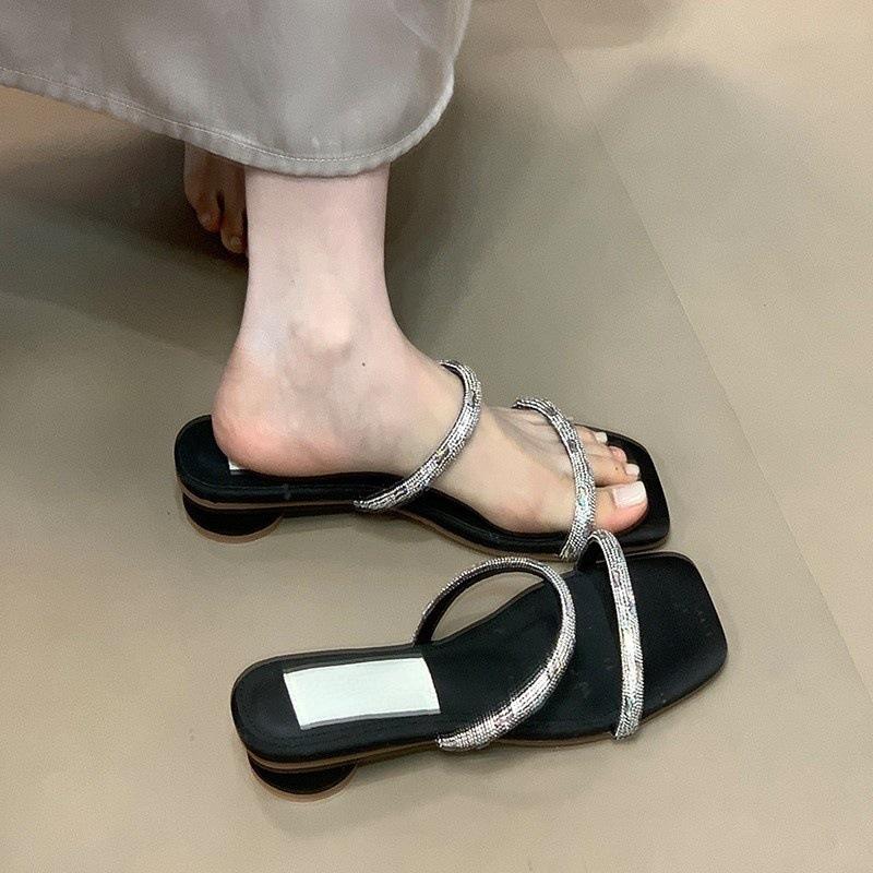 Silver one-word rhinestone thick heel with skirt fashion thin belt low heel square head sandals women