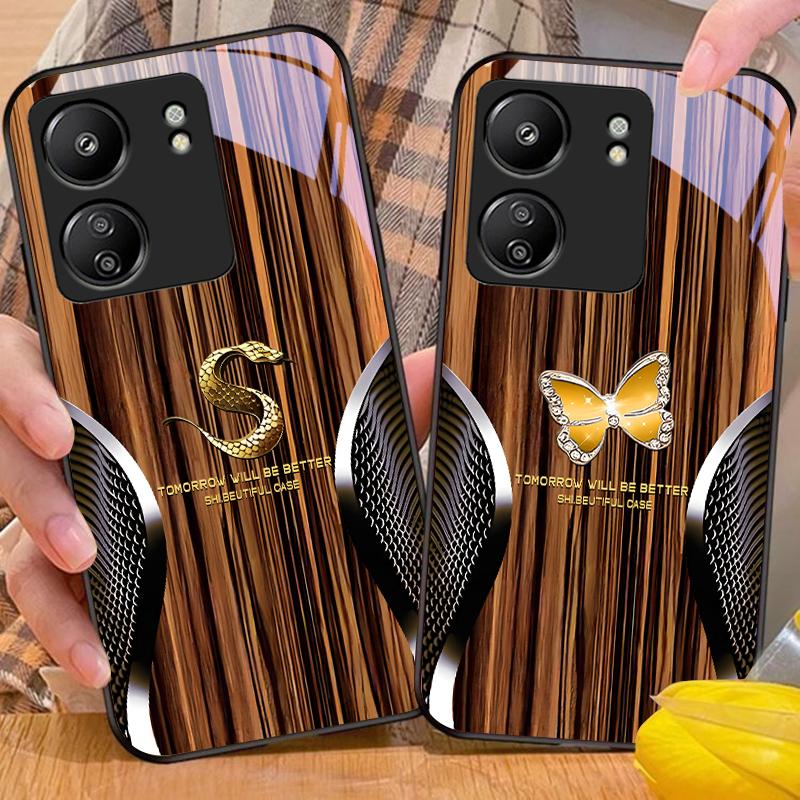 Holzmaserung Schlange Für Xiaomi Redmi 13C Note13 12 Pro Plus 5G Note 9 13T Pro POCO X6 F5 F6 Schwarz Gehärtetes Glas Handyhülle