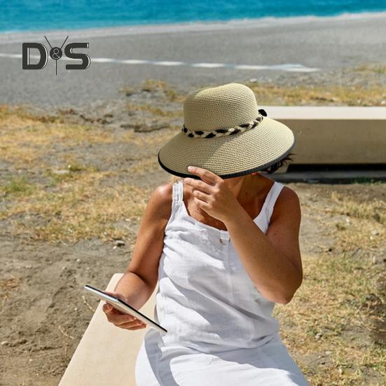 Sommer-Sonnenhut mit breiter Krempe, geflochtenem Seildekor, Strandhut, UV-Schutz, größenverstellbar, Schweißbänder, Damen-Strohhut