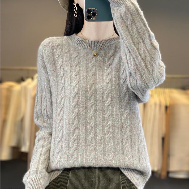 Women's 2024 Autumn/Winter Wool Sweater: Round Neck, Thickened, Solid Color, Korean Style, Cable Knit, Elegant & Versatile Base Layer