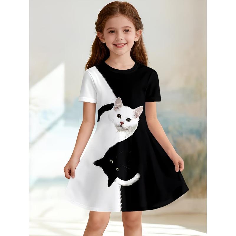 Girl Clothes Cartoon Cat Graphic Printed Girls' Princess Dress Summer Casual Dress for Girls