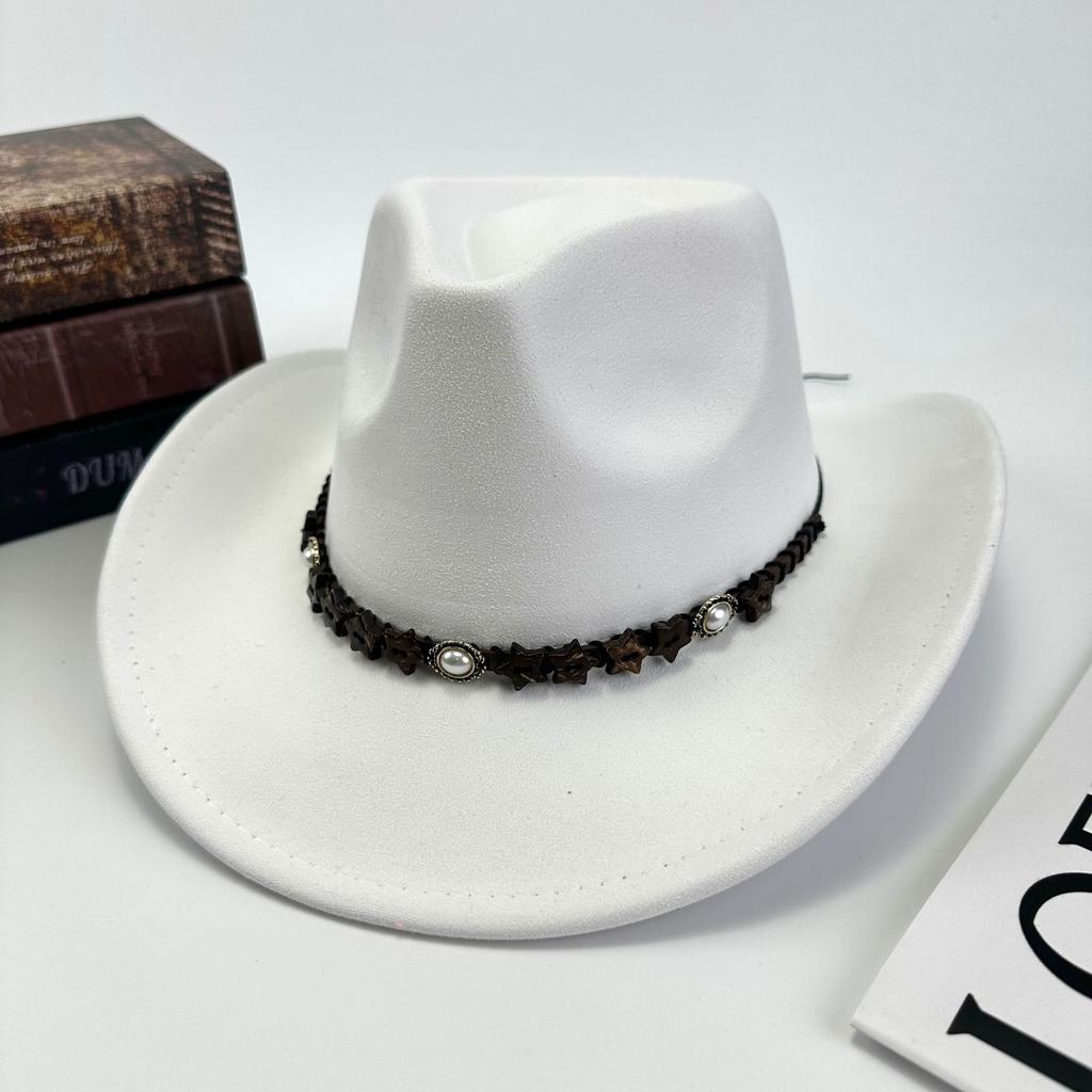 Western Cowboy Hat Women'S Wool British Suede Pearl Accessories Peach Heart Top Hat