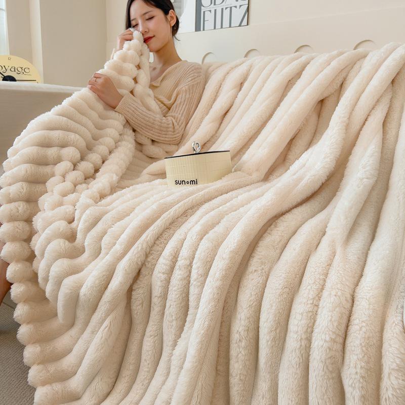 Ultra Soft Faux Rabbit Fur Throw Blanket Warm Plush Striped Blankets Conditioning Quilt Fluffy Throws For Couch Chair Sofa