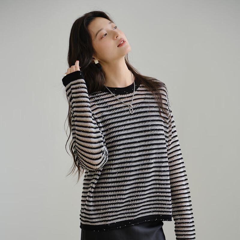 Sinoford Women's Crew Neck Loose Thin Long Sleeve Knitted Sweater