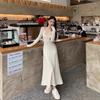 French gentle wind v-neck ruffle leaf edge dress women's clothing autumn and winter straps waist long sleeves temperament hip-wrapped dress