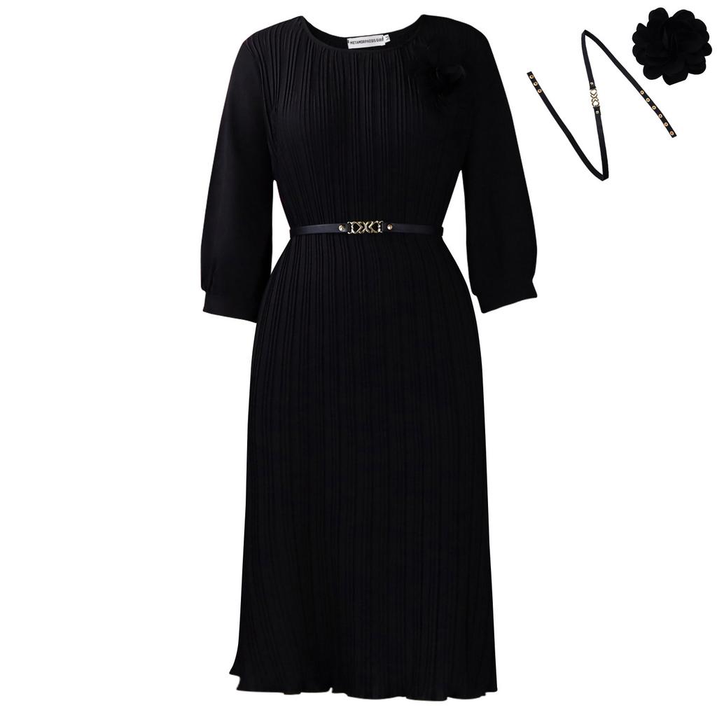 Women's new summer seven-quarter sleeve round neck solid color fashionable simple waist medium and long dress