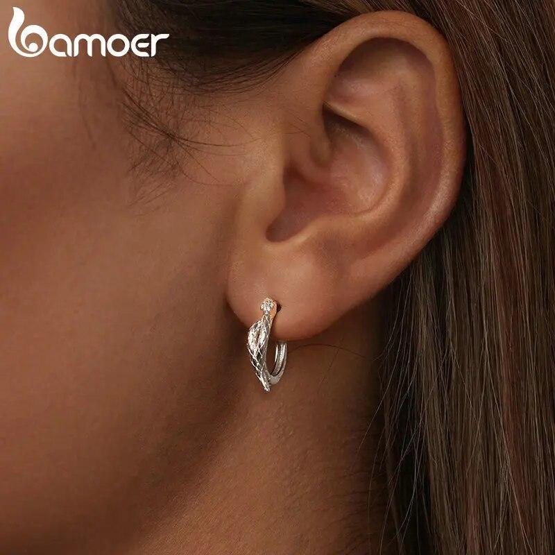 Bamoer 925 Sterling Silver Snake Hoop Earrings for Women Green Zircon Eyes Lightweight Ear Buckles Statement Fine Jewelry