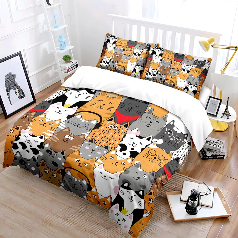 Süßes Cartoon-Katzen-Collage-Bettwäsche-Set für Kinder Luxuriöses Geschenk 3-teiliges Digitaldruck-Bettdecken-Set Weich Bequem Atmungsaktiv