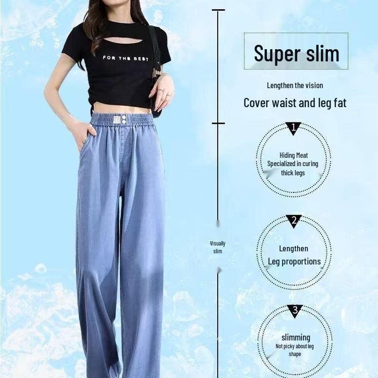 

Women s Summer High-Waist Elastic Tencel Jeans - Super Soft, Wide-Leg, Ice Silk Style. Size 28 (Recommended 95-105 lbs)