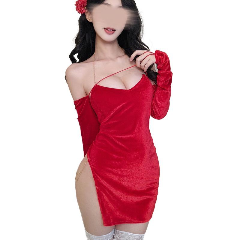 Sex Underwear Velvet Red New Suspender Skirt Chain Halter Side Split Hip Skirt Pure Desire High Sense