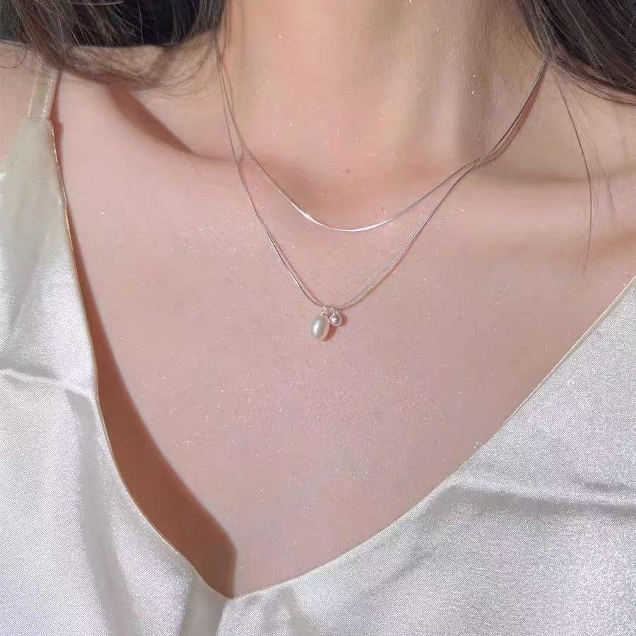 Elegant Double-Layer Pearl Necklace in Silver Plate - High-End Clavicle Chain Birthday Gift