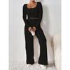 Women's Fashion Knitted Ribbed Wide-Leg Pants and Round Neck Long-Sleeve Top Suit