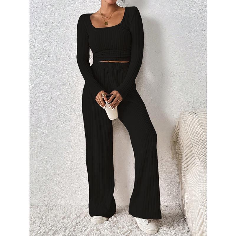 Women's Fashion Knitted Ribbed Wide-Leg Pants and Round Neck Long-Sleeve Top Suit