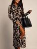 2026 Autumn/Winter Leopard Print Tie-up Midi Dress: Women's Slim Fit, Long Sleeve Fashionable Style