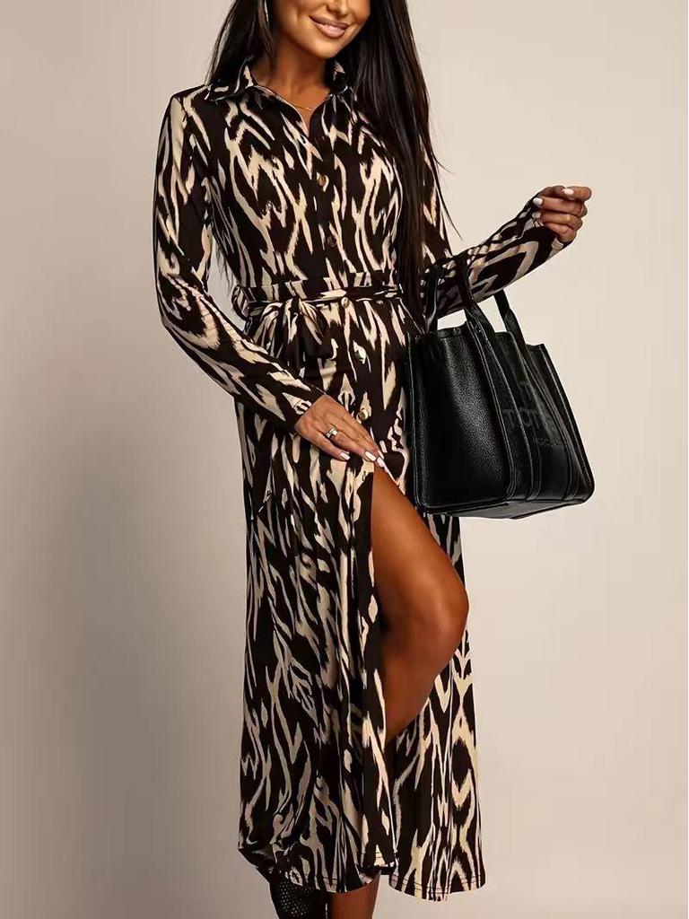 2026 Autumn/Winter Leopard Print Tie-up Midi Dress: Women's Slim Fit, Long Sleeve Fashionable Style