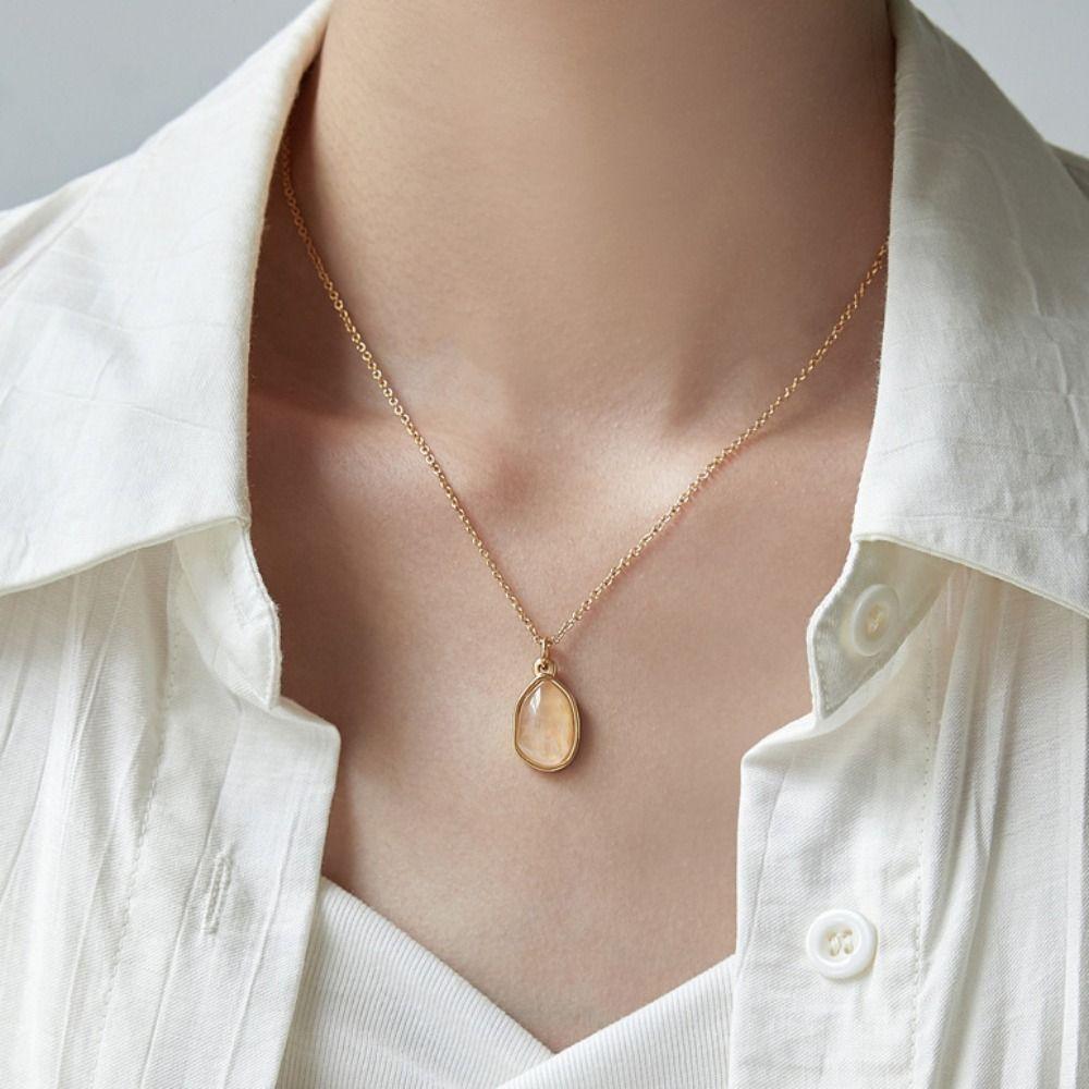 Purple Titanium Steel Necklace Casual Geometric Pendant Necklaces Green Stone Necklace  Gift