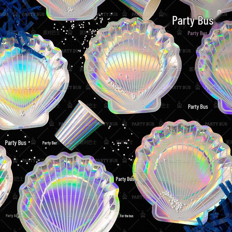 Irregular Shell Party Bus Kids' Disposable Tableware Set: Paper Plates & Cups for Celebrations