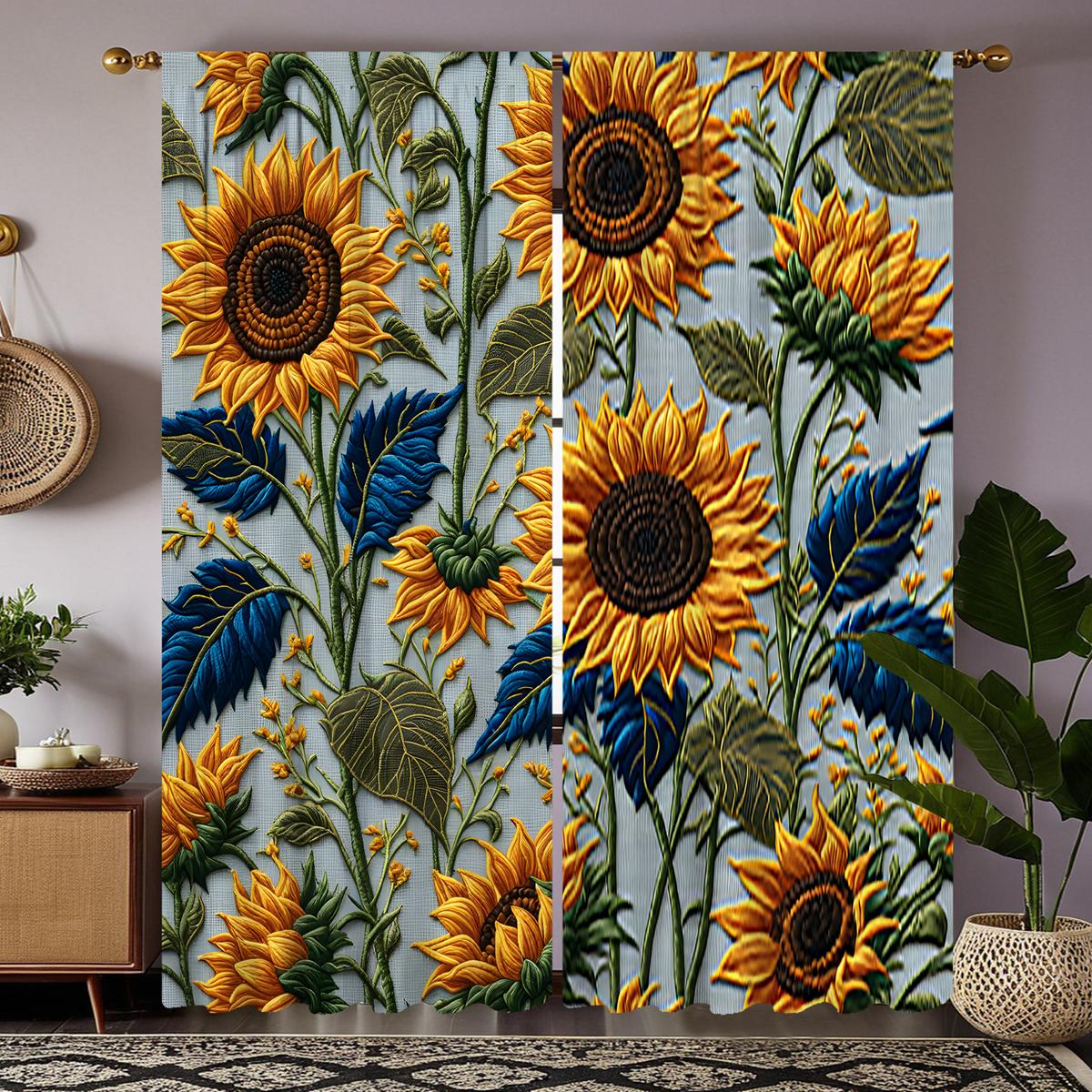 

Комплект из 2 предметов, декоративная занавеска с вышивкой в виде подсолнуха, желтая занавеска с цифровой печатью, украшение для дома, стиль Decorat W52H63inchW132H160cm
