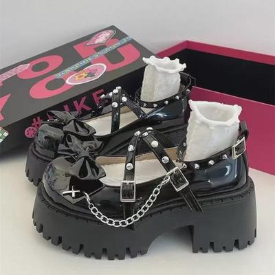 Summer 2024 Women's Black Bow Mary Jane Leather Shoes with Thick Soles, Rivets, Round Toes, and Chunky Heels.