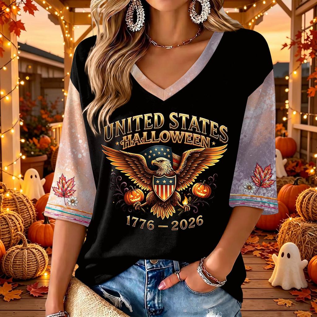 Women's V-Neck Halloween Printed Three-Quarter Sleeve Casual Blouse for Fall Festive Occasions