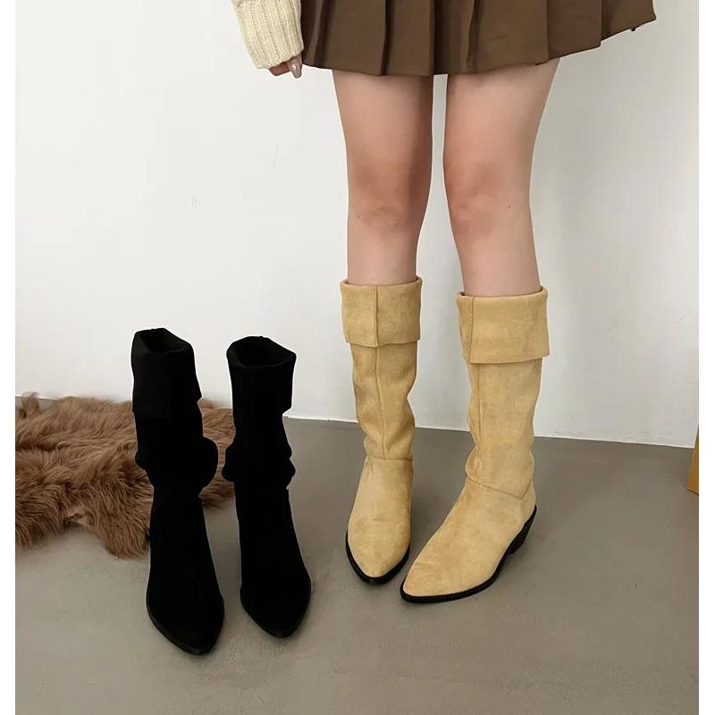 Fashionable Long Tube Boots Women's French Vintage Stack Boot Pointed Toe Western Cow Velvet Interior Knee High Boots