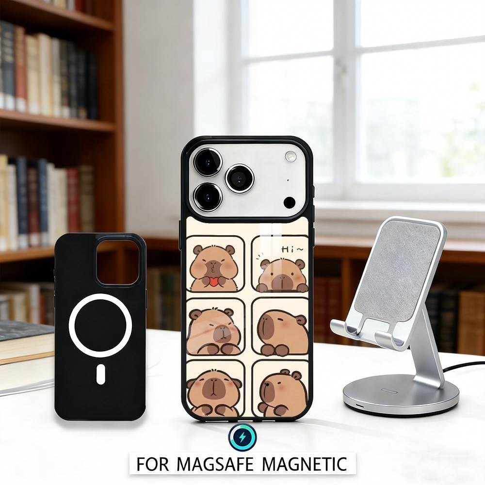 H-Happy C-Cute Capybara Cartoon Phone Case Magnetic For iPhone17 16 15 14 13 12 Pro Max For Magsafe Wireless Charging Cover