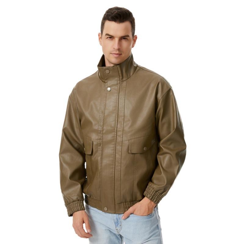 New Fattened Plus Size Leather Jacket Men's PU Leather Tooling Large Size Leather Jacket Men's Stand-Up Collar Locomotive Douyin Cross