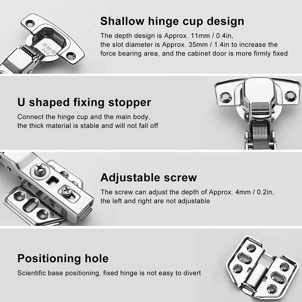 2Pcs Cabinet Hinges Stainless Steel 2.0mm Thick Thicken Base Electroplating Bright Wardrobe Hinge for Kitchen Bathroom