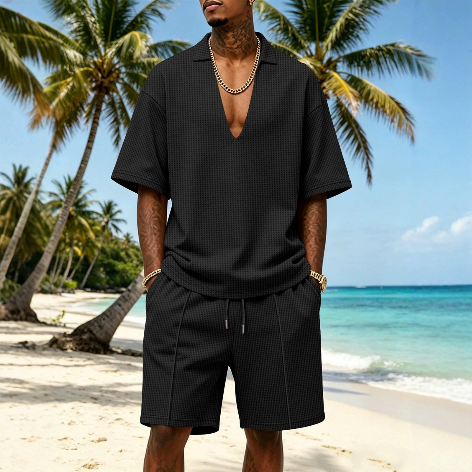 

Men s Casual Two Piece Outfit V Neck Pullover Short Sleeve Top and Drawstring Shorts Set for Everyday and Sportswear XXXL чорний