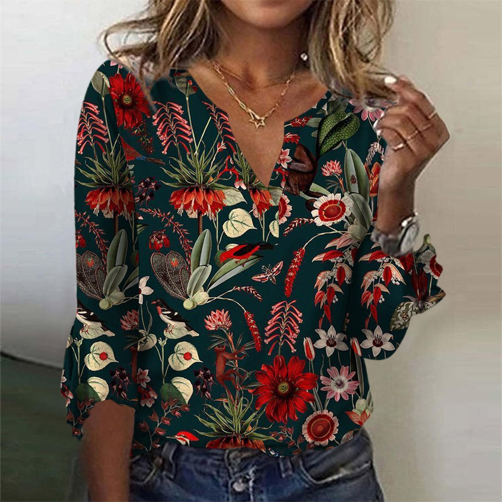 

Women s Top Loose Casual V-neck Color Blouses Bell 3/4 Sleeve T-shirt XL синий