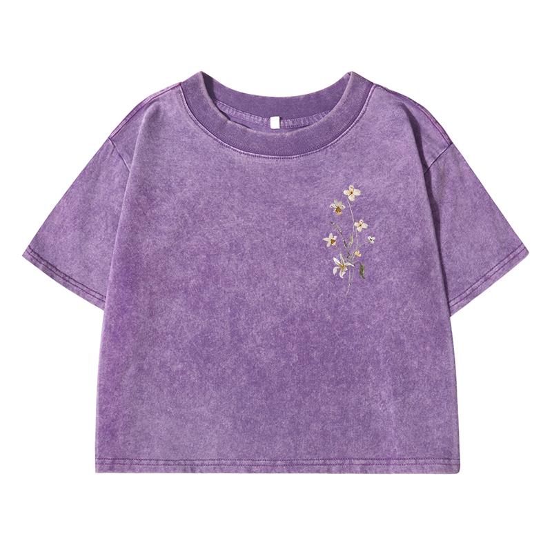 Beautiful Flower Printing Female Washed Short T-Shirt Summer Cool T Shirts Distress Clothes Breathable Retro T-Shirt