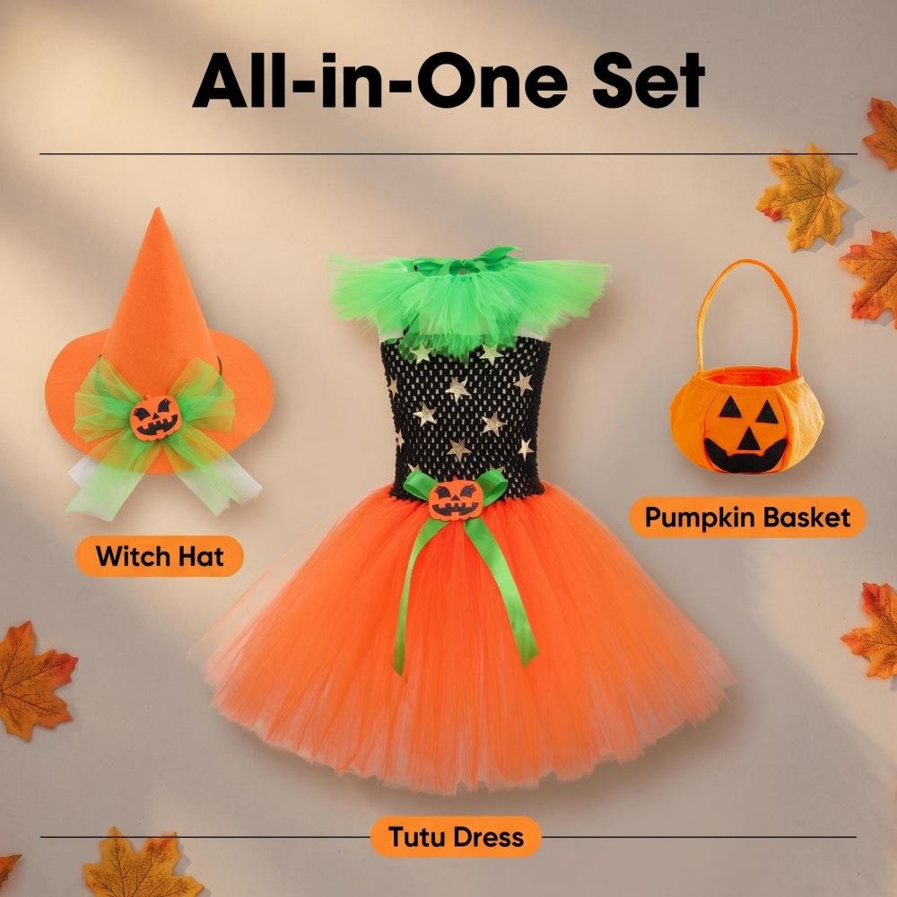 Girls Halloween Witch Costume Dress Set with Tulle Skirt Pumpkin Waist Decoration and Matching Witch Hat and Pumpkin Basket for Party and Performance