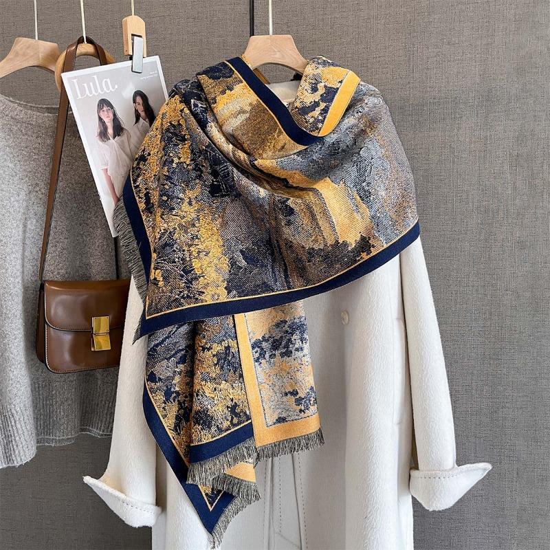 Autumn New Retro Oil Painting Printed Scarf High-end Imitation Cashmere Wool Thickened Warm Scarf Multi-functional Shawl