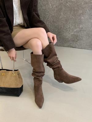 2025 Autumn and Winter New Big Tube Circumference Pointed Toe Over Knee Boots Thick Heel High Boots Medium Heel Boots Stacking Boots