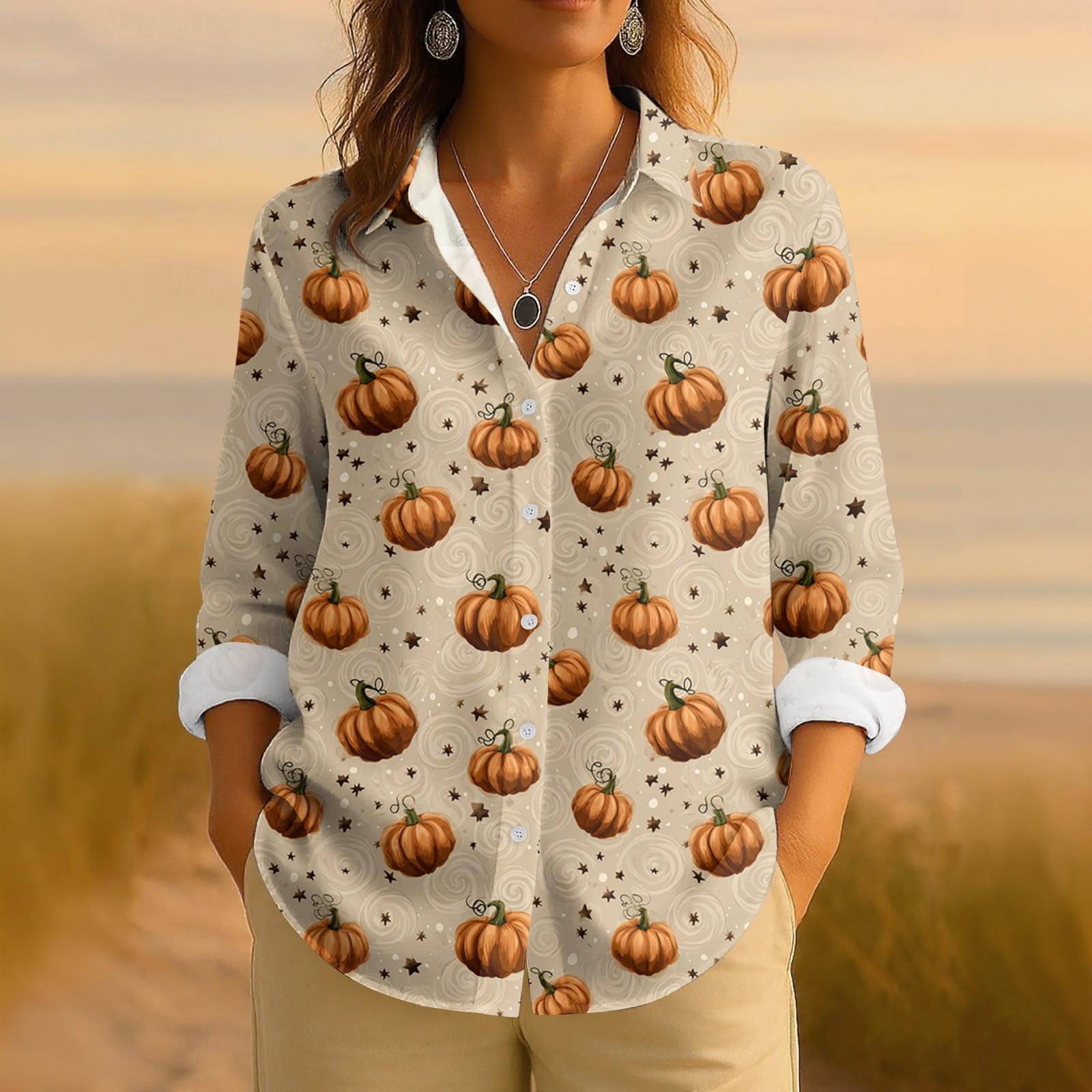 

Женская ретро рубашка с принтом на Хэллоуин, на пуговицах, с длинным рукавом, повседневная, с обычным воротником S оранжевый