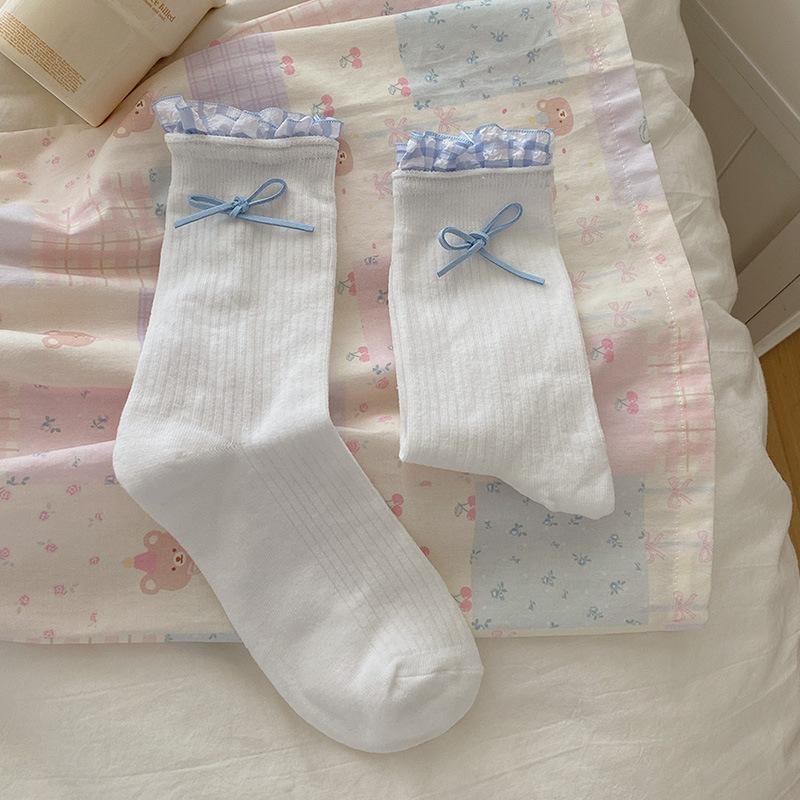 

Милые клетчатые кружевные гольфы до середины икры для девочек, тонкий летний стиль, милые девочки, носки с помпоном-бантом, длинные носки 1 pair синий