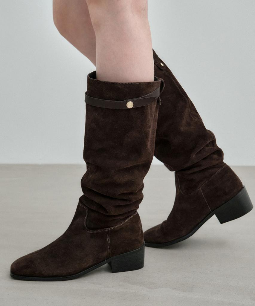 Mongdol Buckle Strap Cow Leather Suede Shirred Long Boots Mdac045_2 Colors