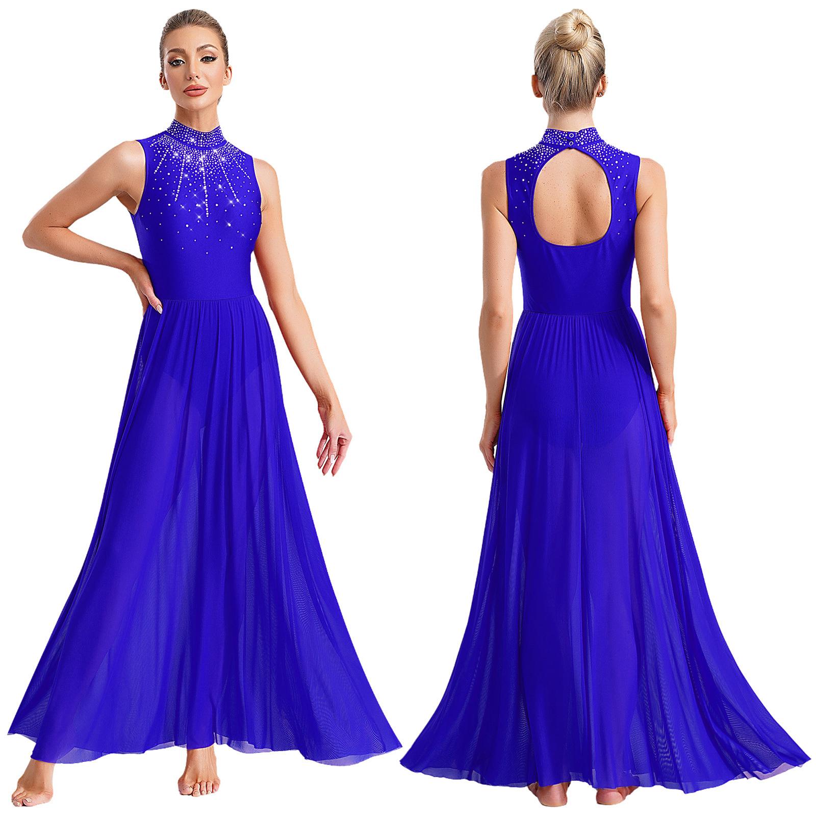 

Женское платье для лирического танца без рукавов с вырезом под горло, вырезом на спине и блестящими стразами, широкая линия подола S синий