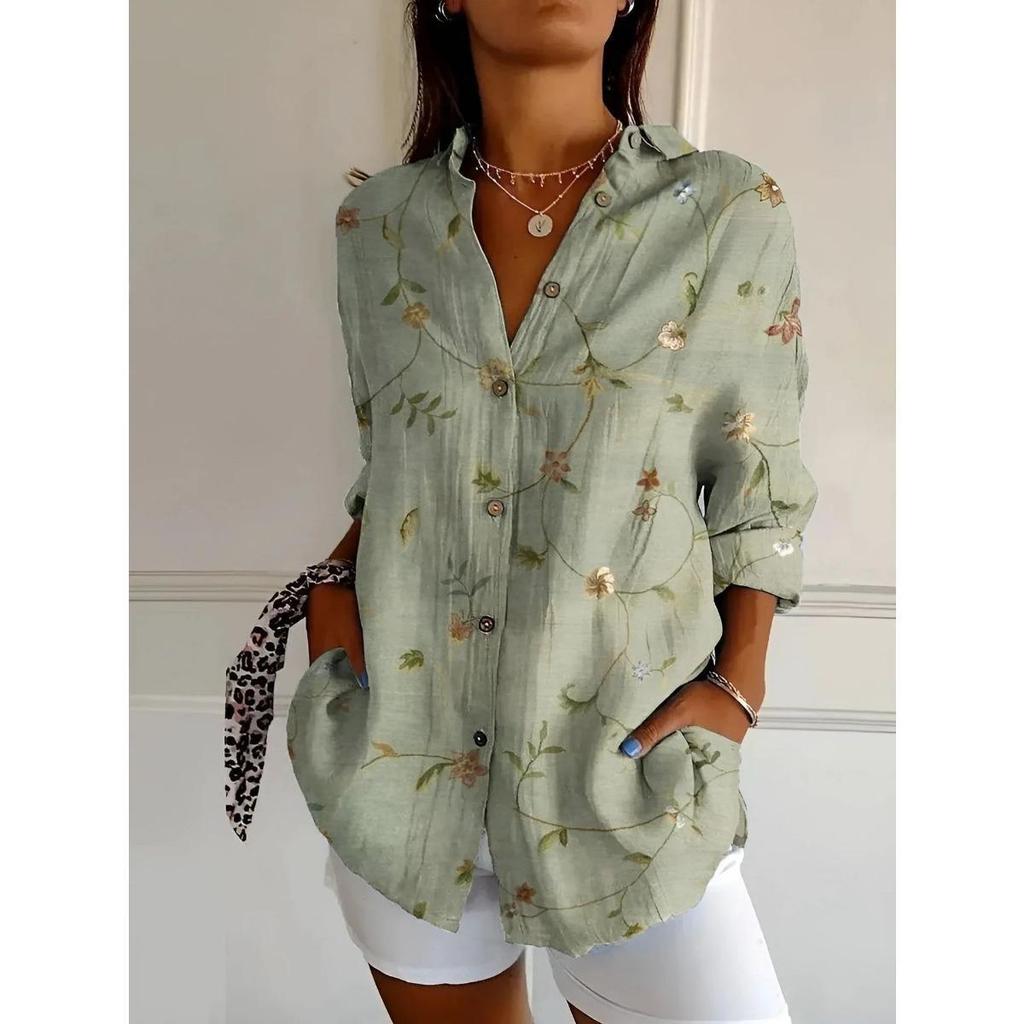 Ladies, Casual, Long Sleeved, Button Up Shirt, Floral Print, Machine Washable, Casual, Loose Fit