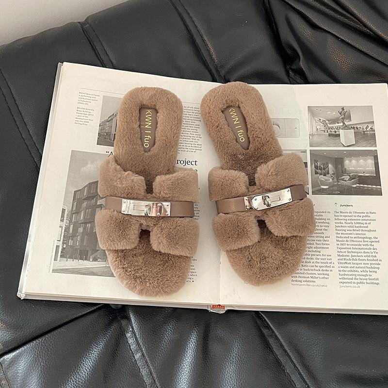 2025 Autumn and Winter Fashion Simple Belt Buckle Internet Celebrity Fluffy Slippers Women Wear Casual Thick-soled One-word Cotton Shoes