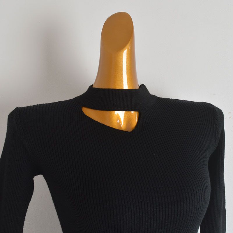 Stylish Sexy Hollow-out Halter Knitting Bottoming Shirt for Women Spring & Fall New Arrival Silm Slim Looking All-Matching Long Sleeve Top